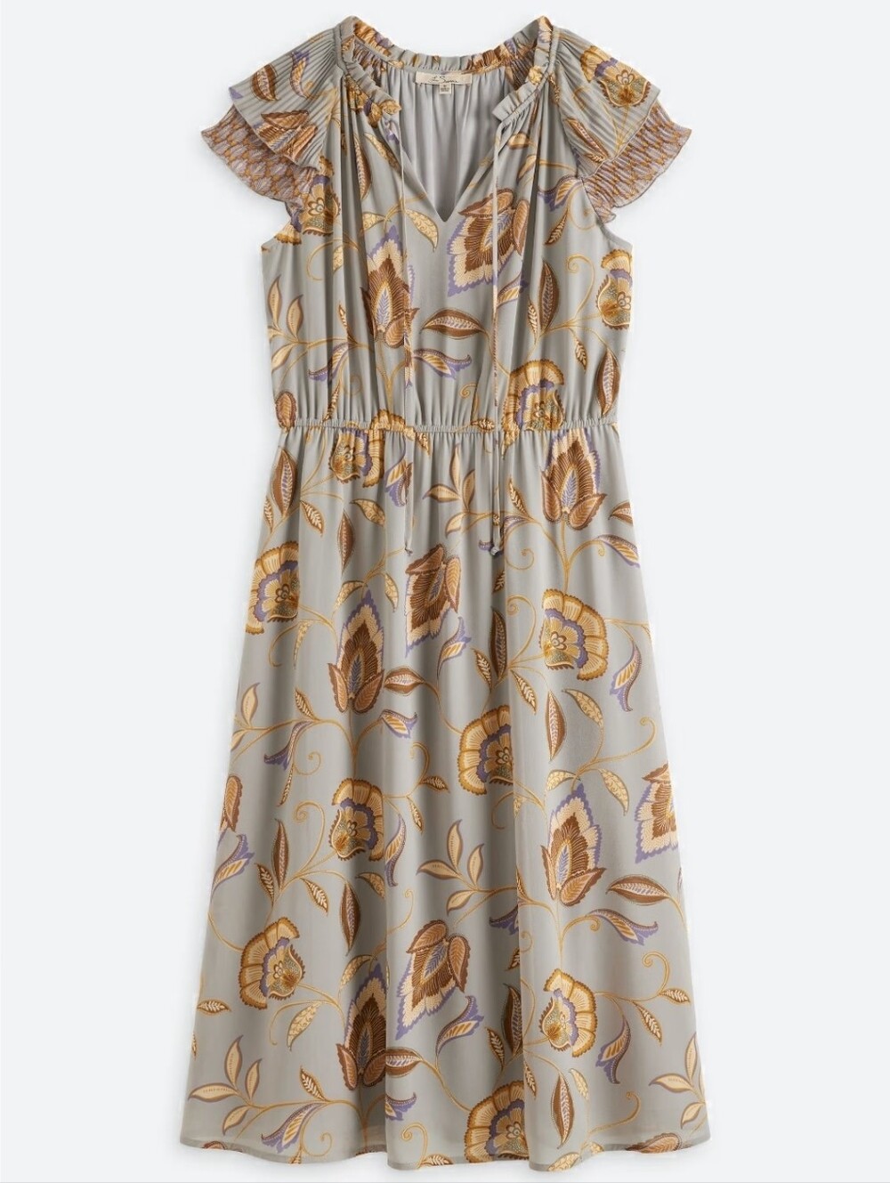 Tiered Floral Midi Dress in Taupe and Mustard